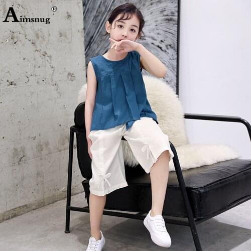 Children Fashion Two Pieces Set Girls Sleeveless Irregular Top and Lace-up Pants Casual Pleated 2PS Outfits Kids Clothing 2021