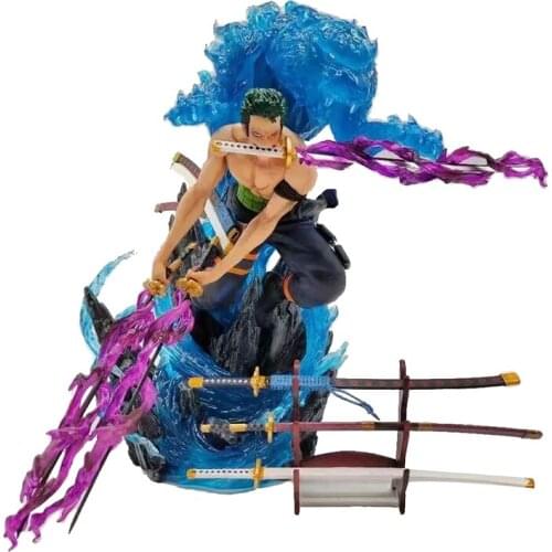 One Piece Model Action Figure Anime Roronoa Zoro 29CM Can Shine Statue Collection Toys Three Pole Flow Desktop Decoration Figma