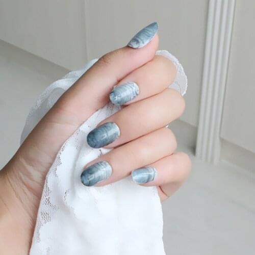 ENDRRFLLA 24pcs Wearing Nail Art Marbling False Nail White Gray Natural Color Blooming Small Round Head False Nail Patch
