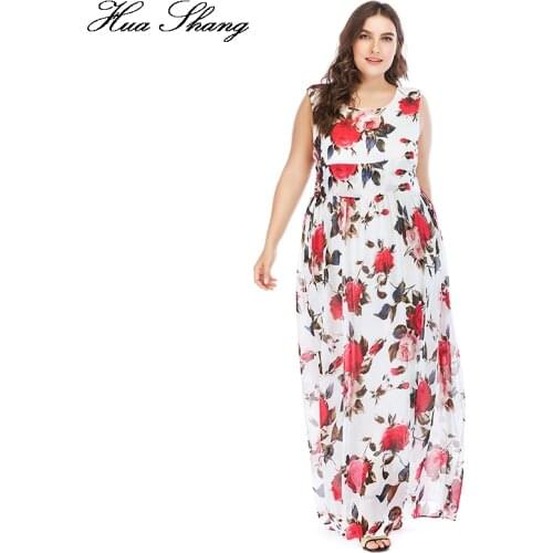 Huashang Print Women Boho Sundress Large Size White Floral Tank O-neck Waist Ties Elegant Long Bohemian Beach Chiffon Maxi Dress