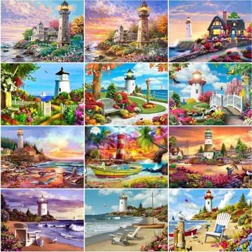 HUACAN Oil Painting By Number Lighthouse Drawing On Canvas Unique Gift Picture By Numbers Seaside Decoration For Living Room