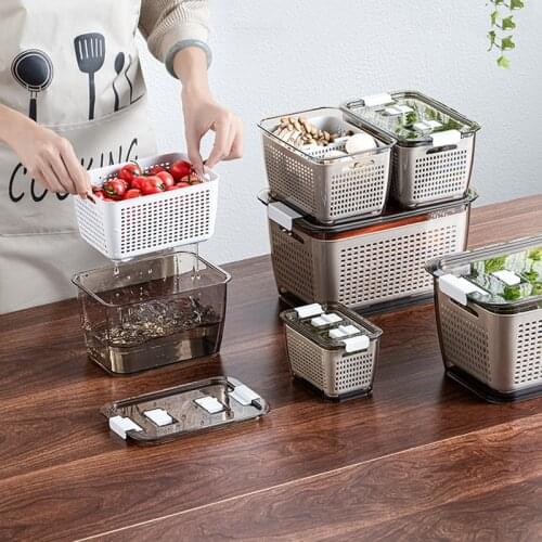 Fridge Storage Box Refrigerator Fresh Vegetable Fruit Boxes Drain Basket Storage Containers With Lid Kitchen Tools Organizer