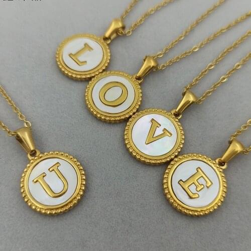 Fashion Abalone Shell 26 Letters Pendant Necklace Women/Girls Stainless Steel Chain Necklace Charm Alphabet Jewelry