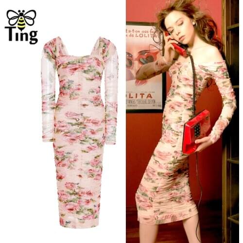 Tingfly New Vogue Pink Floral Printing Sexy Bodycon Party Night Dresses Elegant Summer Clubwear Hot Zevity Vestidos Women Robes