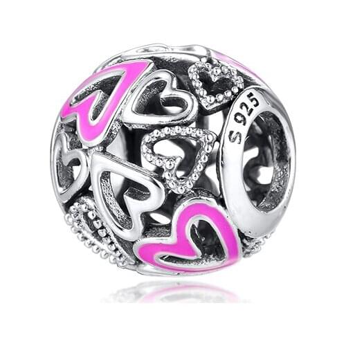New Pink Openwork Freehand Heart Silver 925 Bead Charm Fits Pandora Bracelets on Hand For Jewelry DIY Making Free Shipping