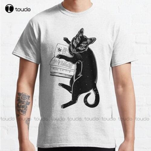 New Smart Black Boho Four Eyed Demon Magic Cat Reading The Necronomicon Book. Classic T-Shirt Gym Shirt Cotton Tee Shirts S-5Xl
