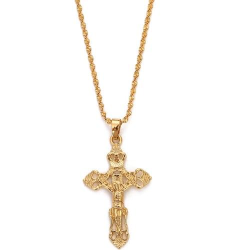 Gold Color Catholic Jesus Christ Cross Pendant Necklace Jewelry for Women