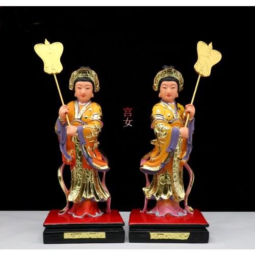 A Pair 2PCS Asia Buddhism Taoism family HOME temple Altar worship Buddha God statue Left and right attendants Palace maid statue