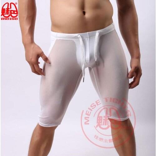 Sexy Men Plus Size Patchwork Ice Silk Solid Big U Convex Pouch Half-length Boxer See Through Long Leg Underpants Boxer Gay Wear