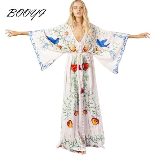 BOOYI Embroidered womens maxi dress V-neck Drawstring waist batwing sleeve loose plus size women summer dresses
