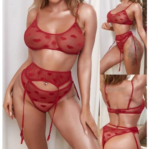 Transparent Women Sexy Love Lace 3PC Lingerie Set Underwear Sleepwear G-String Pajamas Garter Lenceria Sensual Mujer Pijama 2021