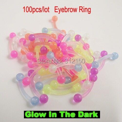 SaYao 100pcs/lot 16G flexible banana ball eyebrow ring 1.2x8x3mmsoft Glow in the dark UV acrylic body piercing jewelry