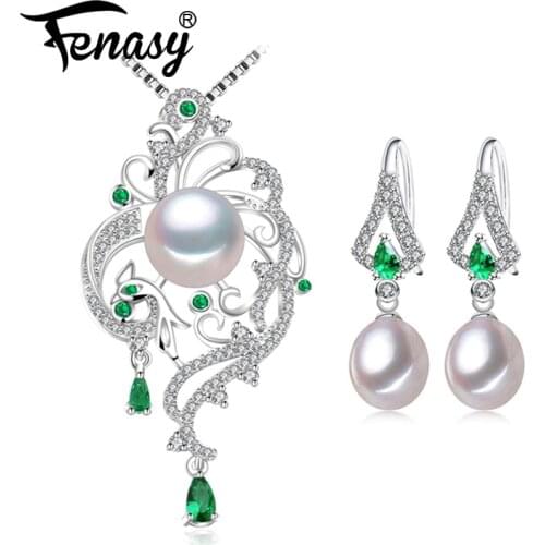 FENASY 925 Sterling Silver Jewelry Sets Pearl Natural Pearl Earrings For Women Bohemian Emerald Pendant Chain Necklace