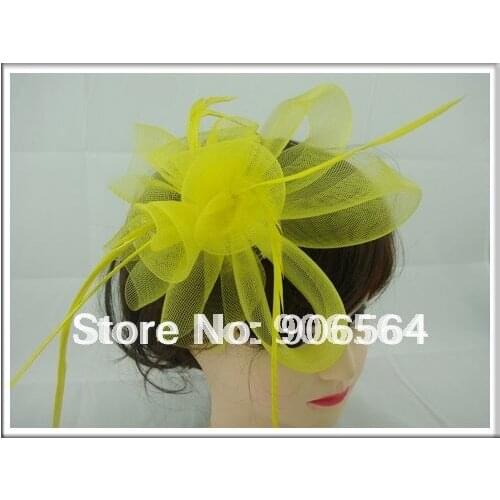 Yellow Feather Hair Fascinator Hats Kentucky Derby Headwear Red Mesh Veils Brooches Bridal Hats Beauty for Wedding Party RMSF007