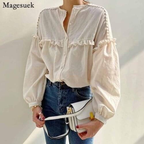 Spring Vintage Loose Solid Button Woman Shirt Long Sleeve Ruffled White Blouse Shirt Women Korean Style Office Ladies Tops 11269