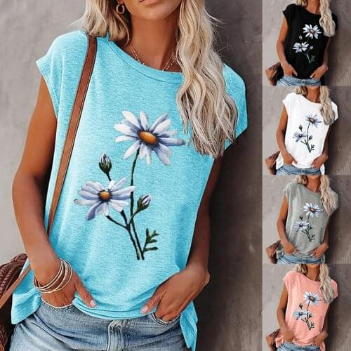 2021 Summer Tee Shirt Women O-Neck Short Sleeve Flower Print Casual Tops Pullover Female Elegant Streetwear T-shirts