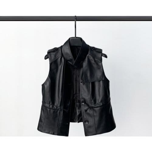 Spring 2021 New Leather Leather Jacket Womens Short Square Neck Waistcoat Drawstring Waist Sheep Leather Casual Coat Trend
