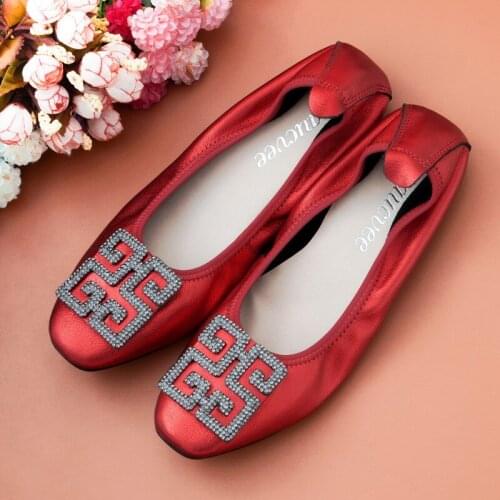 AUCVEE Women Flats 2020 Fashion Crystal Women Casual Shoes Genuine Leather Ballet Flats Shoes Women Loafers Slip On Ladies Flats