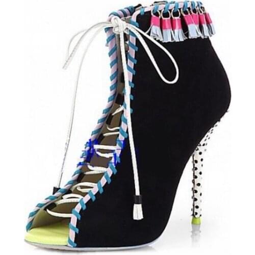 Women Summer Shoes 2018 Mixed Colors Sexy Peep Toe Hollow Out Heels Sandals Cross-tied Polka Dot Heels Fringed Woman Dress Shoe