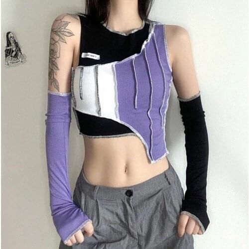 Women Fashion Contrast Color Patchwork T-shirts Sexy Irregular Short Tees New Korean High Street Shirts Slim Club Party Clothing