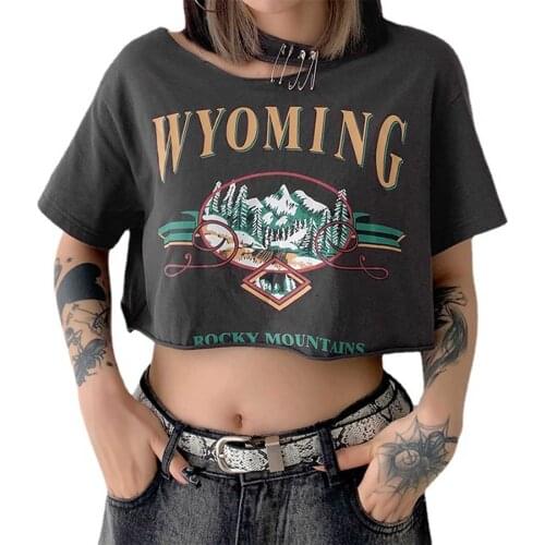 Women Fashion Short Sleeve Print Crop Top Ladies Female Stylish T-shirt for Shopping Daily Wear