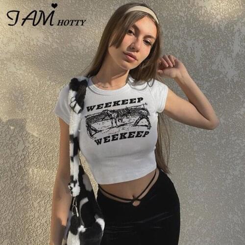 Cartoon Print Casual Basic Crop Top Tees Women Harajuku Vintage Cute Short Sleeve T-shirt Skinny Summer Gothic Shirts Iamhotty