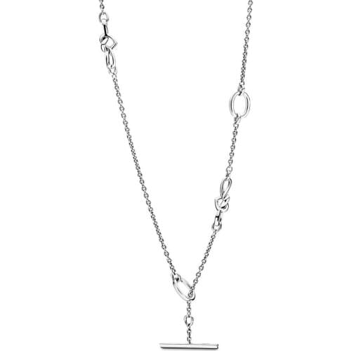 Authentic 925 Sterling Silver Knotted Heart T-Bar Fashion Necklace Fit Pandora Women Bead Charm Gift DIY Jewelry