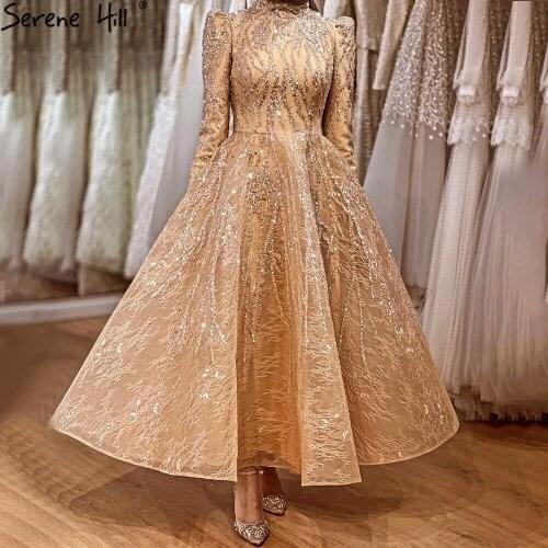 Serene Hill Gold Luxury Beaded A-Line Evening Gown 2021 Ankle Length Modest For Muslim Women Formal Party Dress CLA70996
