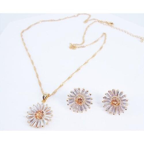 2020 new fashion OL flower champagne CZ zircon golden necklace earrings party jewelry wedding dressing banquet formal jewelry