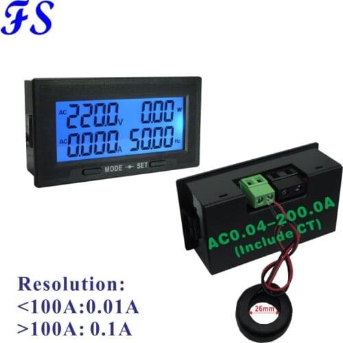 AC 0-500V 200A Voltage Ammeter Hz Meter Power Factor Meter 9999Kwh Energy Meter Frequency Tester 45-65 Hz Power Supply DC 8-18V