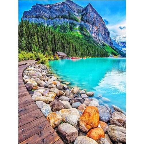 Diamond Painting Kits Lake Landscape Round Full Drill, DIY Paint Art Mountain Bridge Rhinestone for Home Decoration