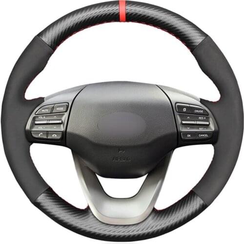 Black Suede Carbon Fiber Red Marker Hand-stitched No-slip Car Steering Wheel Cover for Hyundai Kona 2017 2018 2019