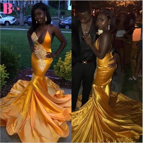 Beautifulinwhite African Style Black Girls Prom Dresses Mermaid Spaghetti Straps Plunging V Neck Beads Evening Party Gowns BP052