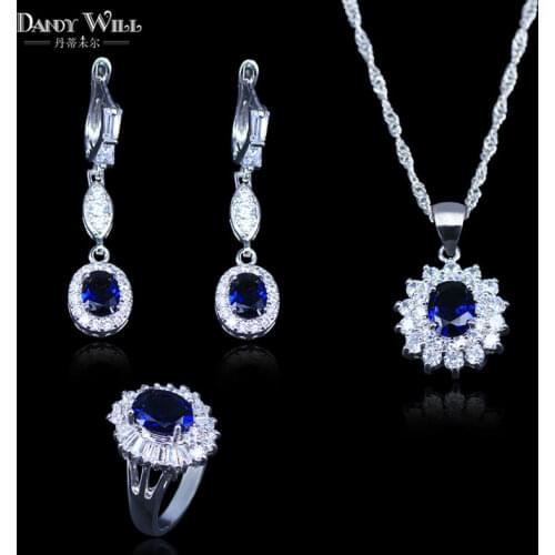Trendy Flower Blue Cubic Zirconia White CZ Silver Color Jewelry Sets For Women Earrings/Pendant/Necklace/Rings