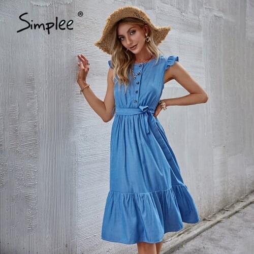 Simplee Casual chic sleeveless ruffled dress women Elegant bottom sash summer dresses fashion Solid O-neck midi dress lady 2021