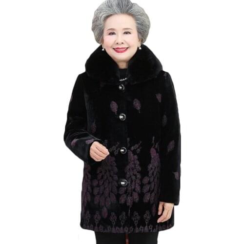 Elderly Autumn Winter Sheep Shearling Fur Coat Warm Plus velvet Thick Grandma Long Outerwear Plus size 5XL Winter Faux Jackets