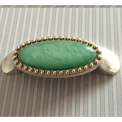 Free shipping Fashion Dresser Drawer Handle2.5"Antique Silver gem stone Green Kitchen Cabinet pull Furniture Hardware knob 64 mm