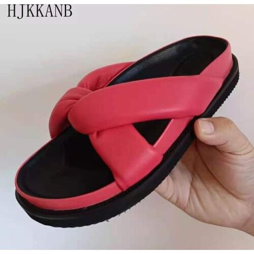 Summer Soft Leather Stitching Thick Bottom Slippers Heightening Casual All-match Slides Cozy Home Outdoor Mules Flat Beach Shoes