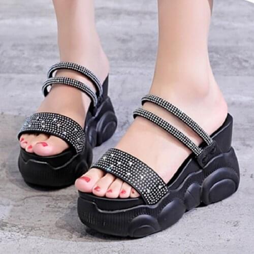 Summer Korean Style OutSide Bling Wedges Heels Platform Crystal Peep Toe Cut Out Genuine Leather Women Slippers Ladies Sandals