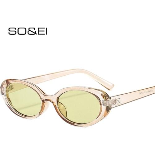 SO&EI Ins Popular Fashion Oval Women Sunglasses Retro Rivets Decoration Champagne Green Sun Glasses Shades UV400 Men Eyewear