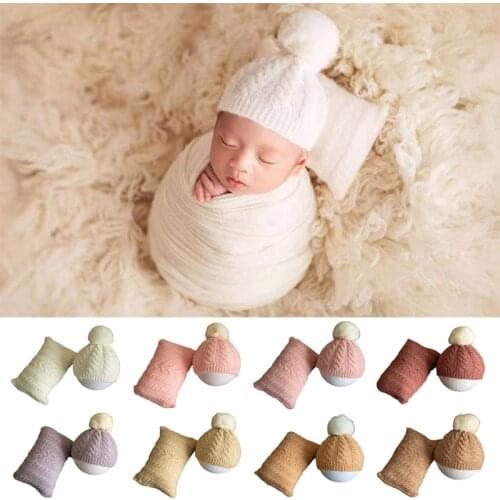 2021 Knitting Twist Ears Hat + Pillow For Newborn Photography Props Baby Photo Shoot Crochet Hats Photoshoot Cap Accessory