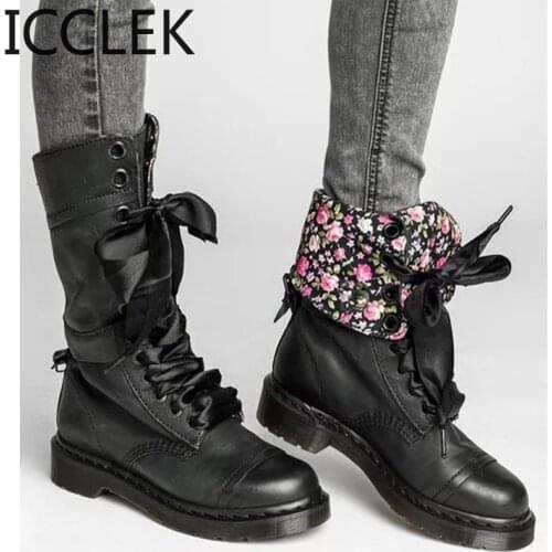 Womens boot Large Size 43 Lace Up Flower PU leather boots woman Non Slip Rubber boots for women Boots Retro Cozy Martin boots