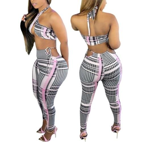 Summer Autumn Women Suit Sexy Plaid Hanging Neck Backless Sleeveless Midriff-baring Camisole Long Pants 2021 New Fashion