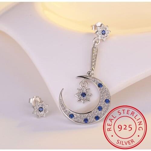 925 Sterling Silver Jewelry Asymmetric Shiny CZ Zirconia Moon Star Sun Stud Earrings pendientes boucles d'oreilles S-E350