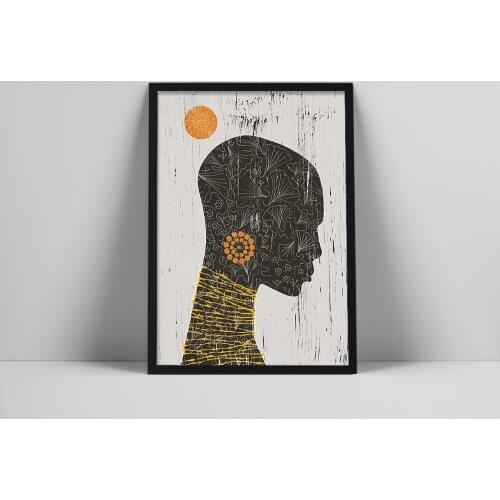 African American Ethno Woman Print, Black orange abstract artwork, Black woman portrait, Modern collage, Contemporary poster, Mi