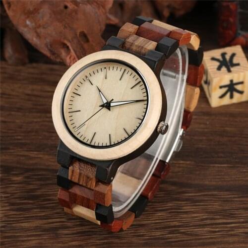Handmade Nature Wooden Watch Mens Quartz Analog Wristwatch with Luminous Hands Adjustable Bracelet Strap Folding Clasp Timepiec