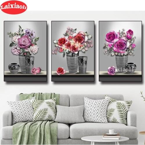DIY Diamond Painting Classical vase of rose Full Square Round Drill Embroidery Cross Stitch beautiful flower 3 pcs Decor mosaic