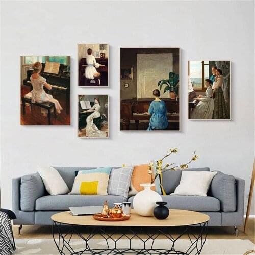 Play Piano Girls Canvas Poster Vintage Wall Art Print Oil Painting Classic Nordic Posters Wall Pictures Living Room Home Decor