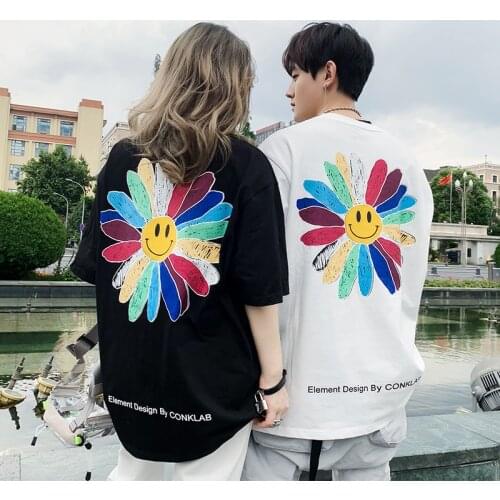 Summer Rainbow Smiley Sun Flower Tide Brand Short-sleeved T-shirt Loose Half-sleeved Ins T Shirt Women and Men Tee