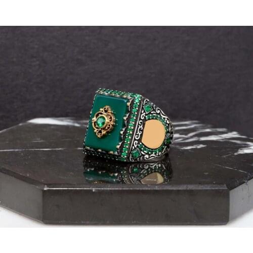 Green Agate Stone Embroidered 925 K Silver Men 'S Ring